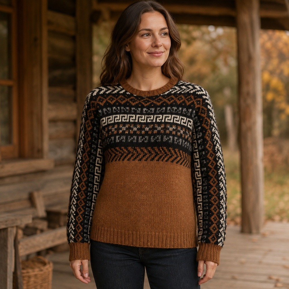 Vintage 1980s Hand Knit Sweater Womens M Brown Geometric Folk Art Heavy Pullover
